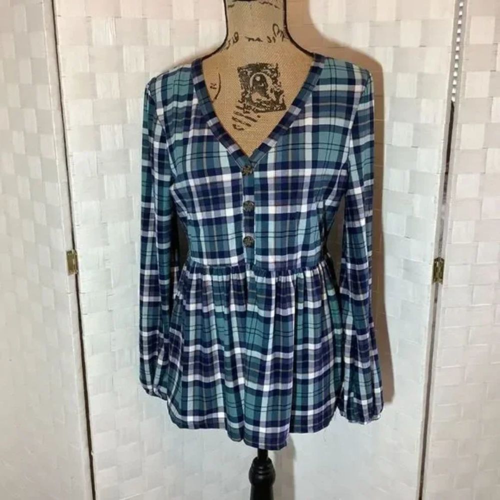 allison andrews blue plaid blouse size medium fall winter Christmas Gift